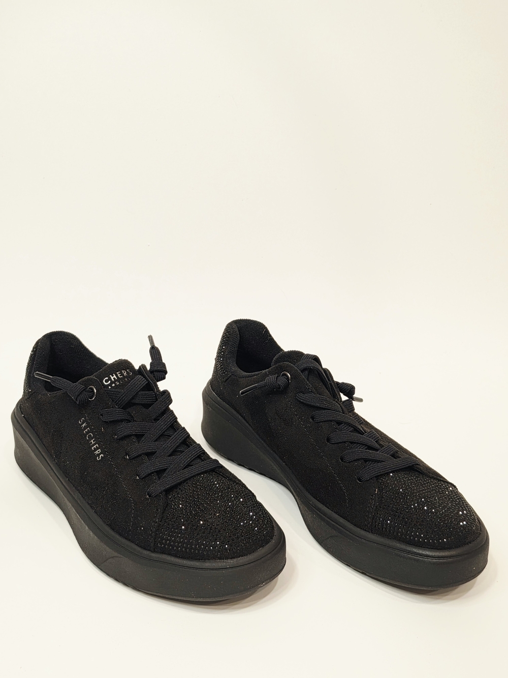 Skechers Court Break embellished black sneakers with rhinestone-accented toes